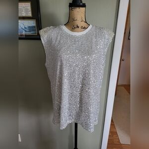 Boutique Silver Sequin Shell with Shoulder pads NWOT